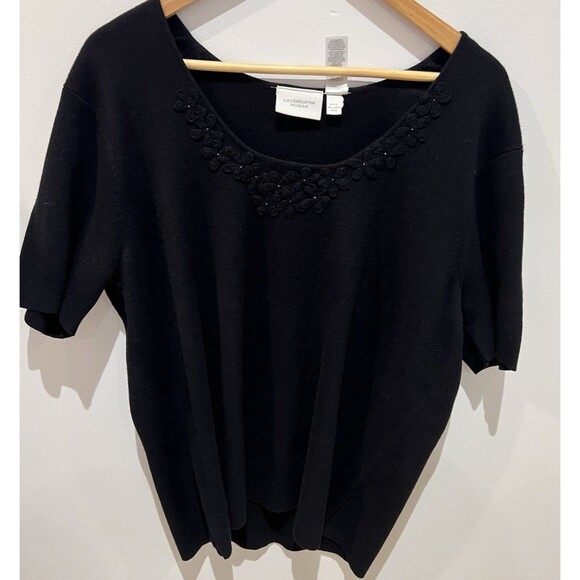 Liz Claiborne Woman's Black Linen Cotton Short Sleeve Sweater Floral Applique 2X - Picture 15 of 16